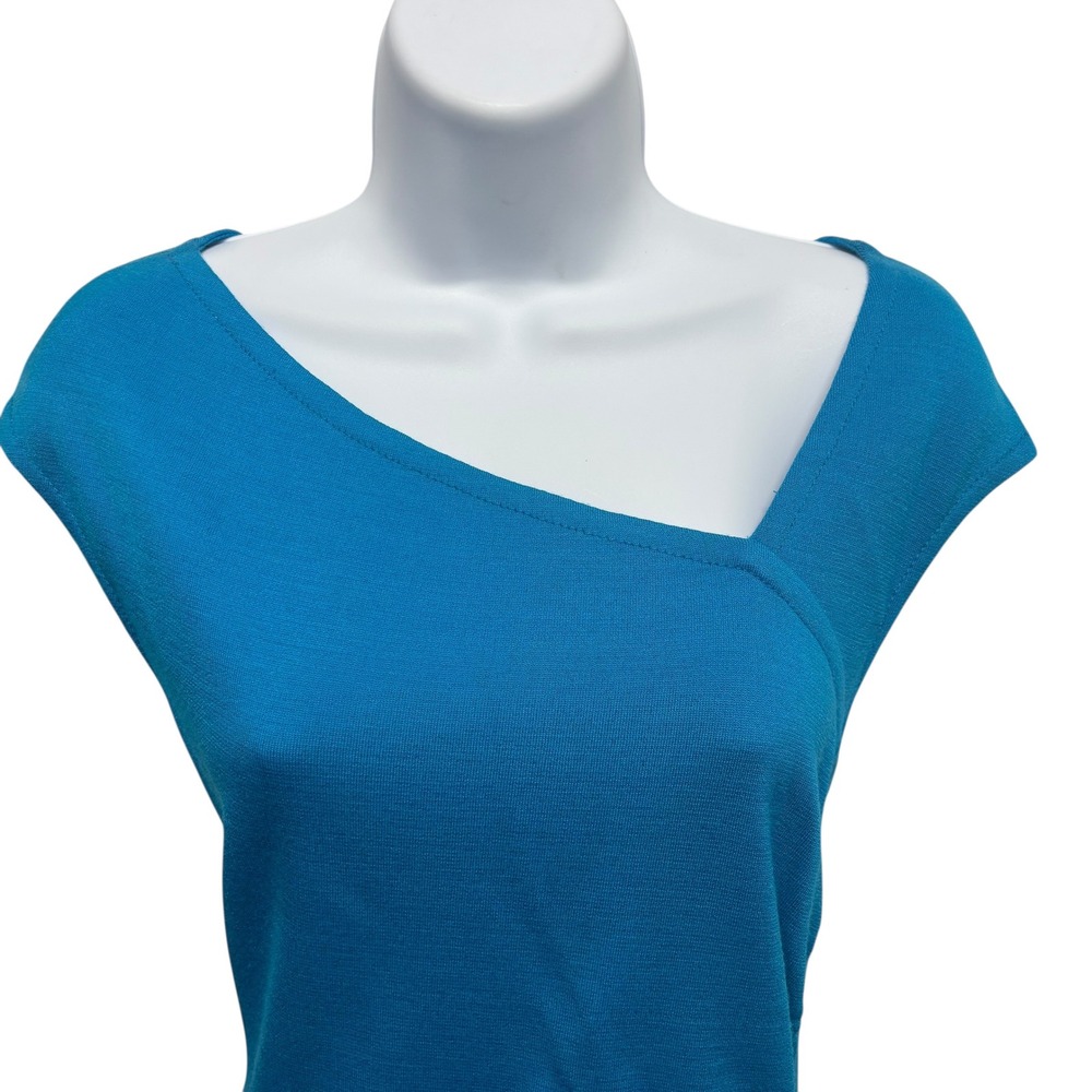 St. John Turquoise Blue Asymmetrical Knit Sheath Dress Size 6 Ruched Wrap Front - Picture 4 of 14